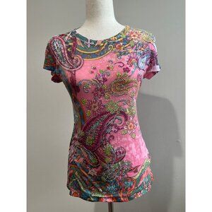 Y2K S-Twelve Burnout  Baby T-Shirt Womens L Pink Paisley Print Jewled Fitted